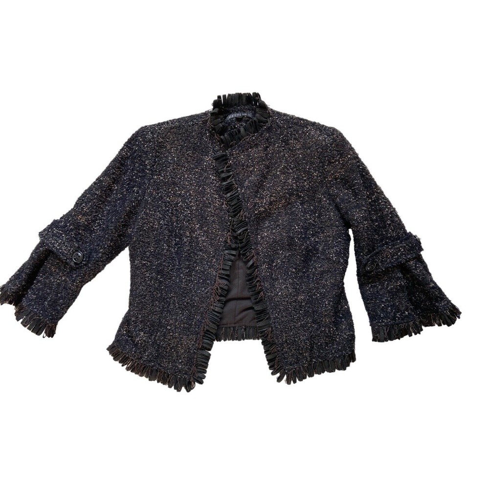 Lafayette 148 Womens Wool Blend Tweed Boucle Open Front Blazer Size 2 Black Crop - Picture 4 of 12